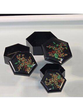 Vintage Set 3 Hexagonal Nesting Celluloid Floral Trinket Boxes Made in Hong Kong